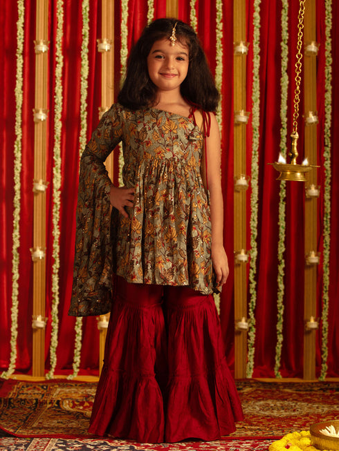 Vastramay Girls' Grey Printed Tunic With Palazzo Set